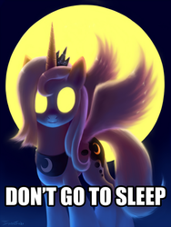 Size: 500x666 | Tagged: safe, artist:sweatshirt, princess luna, g4, don't go to bed, eyes, glowing eyes, go to bed, image macro, s1 luna
