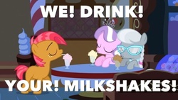 Size: 698x393 | Tagged: safe, babs seed, diamond tiara, silver spoon, g4, one bad apple, drink, drinking, glasses, i drink your milkshake, image macro, milkshake, there will be blood