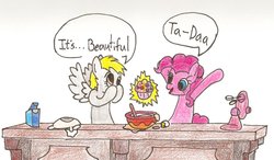 Size: 1024x596 | Tagged: safe, artist:rainbowballistic, derpy hooves, pinkie pie, pegasus, pony, g4, cooking, female, mare, muffin, traditional art