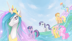 Size: 1920x1080 | Tagged: safe, artist:soraakihiru, applejack, fluttershy, pinkie pie, princess celestia, rainbow dash, rarity, twilight sparkle, g4