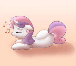 Size: 750x651 | Tagged: safe, artist:hic-sunt-equi, sweetie belle, g4, back, eyes closed, female, filly, floppy ears, foal, lying down, music notes, on side, singing, solo