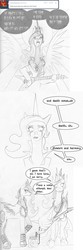 Size: 900x2721 | Tagged: safe, artist:negativefade, princess celestia, princess luna, g4, spoiler:comic, ask, flying v, guitar, metal, metal goddess luna, monochrome, tumblr