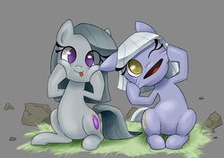 Size: 3507x2480 | Tagged: dead source, safe, artist:gatodelfuturo, limestone pie, marble pie, earth pony, pony, g4, cute, duo, female, funny faces, grass, limabetes, marblebetes, mare, one eye closed, pie sisters, rock, siblings, silly, silly pony, sisters, tongue out