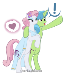 Size: 637x716 | Tagged: dead source, safe, artist:sharkapalooza, pisces (g4), virgo (g4), earth pony, pony, unicorn, g4, bipedal, clothes, dress, duo, duo female, exclamation point, eyeshadow, female, heart, horn, makeup, mare, open mouth, pisces, pointing, ponyscopes, ship:virgisces, shipping, simple background, transparent background, virgo, zodiac