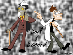 Size: 900x683 | Tagged: safe, artist:yaoixyaoi, discord, g4, crossover, doctor heinz doofenshmirtz, humanized, phineas and ferb, style emulation