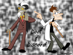 Size: 900x683 | Tagged: safe, artist:yaoixyaoi, discord, g4, crossover, doctor heinz doofenshmirtz, humanized, male, partially transparent background, phineas and ferb, style emulation