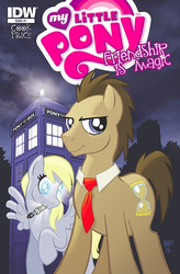 Size: 511x779 | Tagged: safe, idw, official comic, derpy hooves, doctor whooves, time turner, earth pony, pegasus, pony, g4, official, comic, cover, crossover, doctor who, female, male, mare, sonic screwdriver, stallion, tardis, the doctor