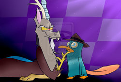 Size: 1000x675 | Tagged: safe, artist:agentkelly13, discord, draconequus, platypus, g4, crossover, hypnosis, perry the platypus, phineas and ferb