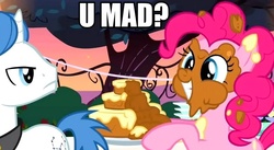 Size: 841x461 | Tagged: safe, edit, edited screencap, screencap, orion, pinkie pie, shooting star (character), g4, sweet and elite, cake, caption, food, image macro, messy, messy eating, u mad