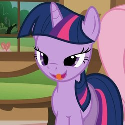 Size: 849x849 | Tagged: safe, screencap, fluttershy, twilight sparkle, pony, unicorn, a bird in the hoof, g4, bedroom eyes, bueno, female, licking, licking lips, lidded eyes, looking at you, mare, open mouth, out of context, smiling, solo focus, tongue out, unicorn twilight
