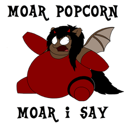 Size: 850x850 | Tagged: safe, oc, oc only, clothes, fat, morbidly obese, mulp, obese, open mouth, popcorn, simple background, sitting, text