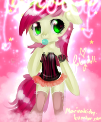 Size: 500x600 | Tagged: safe, artist:marinakirby, roseluck, pony, semi-anthro, g4, 30 minute art challenge, bipedal, candy, clothes, dress, female, food, lollipop, socks, solo