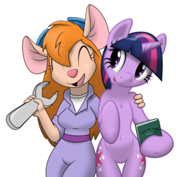 Size: 6222x6222 | Tagged: safe, artist:flutterguy317, artist:tg-0, twilight sparkle, unicorn, anthro, semi-anthro, g4, absurd resolution, anthro with ponies, bipedal, book, both cutie marks, chest fluff, chip and dale rescue rangers, crossover, disney, eyes closed, gadget hackwrench, hoof hold, open mouth, simple background, smiling, thigh gap, transparent background, wrench