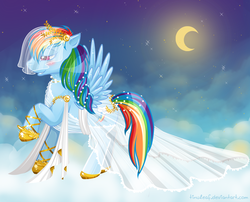 Size: 992x802 | Tagged: safe, artist:tinuleaf, rainbow dash, pegasus, pony, g4, blushing, clothes, cloud, cloudy, dress, female, moon, night, night sky, raised hoof, sky, solo, stars, veil, wedding dress, wedding veil