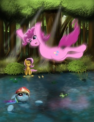 Size: 1545x2000 | Tagged: dead source, safe, artist:hereticofdune, fluttershy, gummy, pinkie pie, rainbow dash, g4, swimming