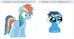 Size: 529x281 | Tagged: safe, rainbow dash, soarin', g4, colt, crying, exploitable meme, foal, juxtaposition, juxtaposition win