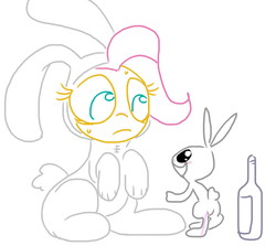 Size: 728x649 | Tagged: safe, artist:weaver, angel bunny, fluttershy, pony, rabbit, g4, animal, animal costume, bunny costume, bunnyshy, butt, clothes, costume, drunk, female, male, plot, ship:angelshy, shipping, simple background, straight, sweat, white background