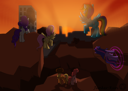 Size: 2100x1500 | Tagged: safe, artist:junker-kun, applejack, fluttershy, pinkie pie, rainbow dash, rarity, twilight sparkle, g4, building, sunset