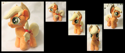 Size: 1738x740 | Tagged: safe, artist:fireflytwinkletoes, applejack, earth pony, pony, g4, black background, female, filly, irl, multiple views, photo, plushie, simple background, solo