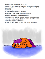 Size: 588x772 | Tagged: safe, artist:mr tiggly the wiggly walnut, scootaloo, fluffy pony, g4, crying, stupidity, text