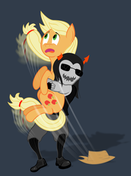 Size: 1280x1707 | Tagged: safe, artist:mikash91, applejack, earth pony, pony, g4, broken horn, crossover, duo, equius zahhak, female, gray background, homestuck, horn, mare, simple background, sunglasses, troll (homestuck)