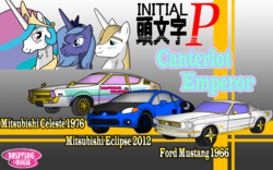 Size: 1000x624 | Tagged: safe, artist:sudro, prince blueblood, princess celestia, princess luna, g4, car, crossover, initial d, japanese