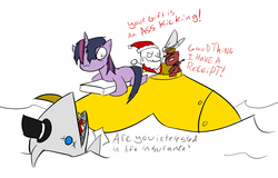 Size: 1000x639 | Tagged: safe, artist:autonomous-zed, big macintosh, twilight sparkle, earth pony, pony, shark, unicorn, g4, context is for the weak, female, grimdark big mac, hat, male, mare, paranoid twilight, santa claus, stallion, top hat, twilight snapple, yellow submarine