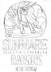 Size: 575x817 | Tagged: safe, artist:kturtle, princess celestia, g4, packaging, parody, raisins, sun-maid, wip