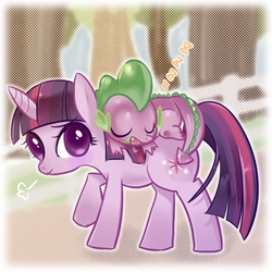 Size: 533x533 | Tagged: safe, artist:amanako, spike, twilight sparkle, g4, pixiv, sleeping