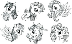 Size: 7394x4470 | Tagged: safe, artist:talonsword, applejack, fluttershy, opalescence, owlowiscious, pinkie pie, rainbow dash, rarity, twilight sparkle, g4, absurd resolution, candy, grayscale, mane six, monochrome, sketch