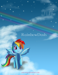 Size: 800x1028 | Tagged: safe, artist:pink-ninja, rainbow dash, g4, closed mouth, cloud, eyes open, front view, on a cloud, rainbow, raised hoof, sky, smiling, solo, spread wings, standing, standing on a cloud, wings