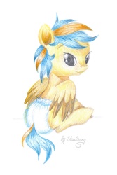 Size: 900x1349 | Tagged: safe, artist:starsong, oc, oc only, oc:soft cloud, pony, a world renewed, baby, baby pony, diaper, female, filly, foal, solo