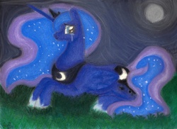 Size: 886x646 | Tagged: safe, artist:suzie-chan, princess luna, pony, g4, crying, female, grass, moon, prone, sitting, solo, traditional art