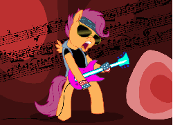 Size: 550x400 | Tagged: safe, artist:brutamod, scootaloo, g4, animated, ax brutaloo, brutaloo, clothes, female, gloves, guitar, hard rock, headband, music notes, musical instrument, rock (music), rocking out, sunglasses, t-shirt