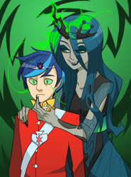 Size: 480x650 | Tagged: dead source, safe, artist:magneticskye, queen chrysalis, shining armor, human, g4, abstract background, female, green sclera, humanized, long nails, male, mind control, straight