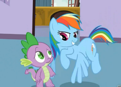 Size: 488x351 | Tagged: safe, screencap, rainbow dash, spike, dragon, pegasus, pony, g4, spike at your service, female, male, mare