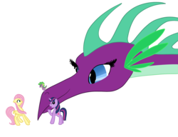 Size: 1396x1074 | Tagged: source needed, useless source url, safe, artist:otterlore, fluttershy, spike, twilight sparkle, dragon, g4, simple background, spike's mother, transparent background