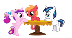 Size: 1118x590 | Tagged: safe, artist:xanikrawlerlazarx, big macintosh, princess cadance, shining armor, alicorn, earth pony, pony, unicorn, g4, colt, female, filly, male, simple background, table, transparent background, trio