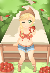 Size: 1572x2280 | Tagged: safe, artist:kokoro-no-melody, applejack, human, g4, apple, breasts, clothes, female, food, humanized, looking at you, one eye closed, solo, tree