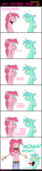 Size: 660x2651 | Tagged: safe, artist:hellarmy, lyra heartstrings, pinkie pie, earth pony, human, pony, unicorn, comic:my lethal pony, g4, belt, bracelet, clothes, comic, denim, dialogue, ear piercing, earring, female, horn, human coloration, human female, humanized, jeans, jewelry, mare, open mouth, open smile, pants, piercing, pony to human, smiling, tongue out, transformation