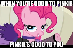 Size: 640x422 | Tagged: safe, edit, edited screencap, screencap, pinkie pie, earth pony, pony, g4, over a barrel, female, image macro, innuendo, lidded eyes, movie quote, puffy sleeves, saloon dress, saloon pinkie, solo