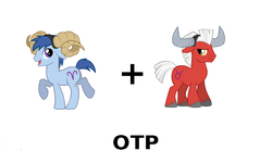 Size: 1034x621 | Tagged: safe, aries (g4), taurus (g4), earth pony, pony, g4, aries, duo, duo male, exploitable meme, fake horns, male, otp, ponyscopes, ship:tauries, simple background, stallion, standing on two hooves, taurus, white background, zodiac