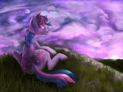 Size: 1280x960 | Tagged: safe, artist:hereticalrants, twilight sparkle, g4, grass, looking at you, looking back, looking back at you, lying down, lying on the ground, solo