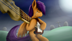 Size: 1600x900 | Tagged: safe, artist:firenze, scootaloo, pegasus, pony, g4, bass guitar, crying, eyes closed, female, guitar, hoof hold, musical instrument, night, playing instrument, scootabass, scootalone, sitting, solo