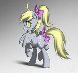 Size: 2360x2216 | Tagged: safe, artist:sy-vs, derpy hooves, pegasus, pony, g4, alternate hairstyle, bow, butt, cute, female, high ponytail, hooves, looking back, mare, plot, ponytail, rear view, simple background, solo, tail bow, underhoof