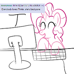 Size: 500x500 | Tagged: safe, pinkie pie, pony, unicorn, g4, 4chan, 4chan screencap, animated, best pone, best pony, computer, cute, dexterous hooves, eyes closed, female, hoofy-kicks, keyboard, mare, monitor, open mouth, pone, race swap, smiling, solo, typing