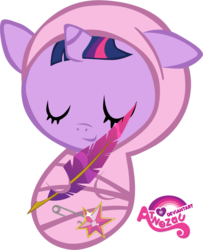 Size: 800x983 | Tagged: safe, artist:atnezau, part of a set, twilight sparkle, pony, unicorn, g4, baby, baby blanket, baby pony, babylight sparkle, blanket, cute, daaaaaaaaaaaw, element of magic, feather, female, foal, happy baby, newborn, quill, safety pin, simple background, sleeping, sleeping baby, solo, swaddled, swaddled baby, transparent background, twiabetes, unicorn twilight, wrapped snugly