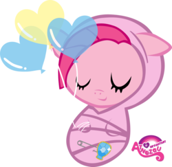Size: 900x876 | Tagged: safe, artist:atnezau, part of a set, pinkie pie, earth pony, pony, g4, baby, baby blanket, baby pie, baby pony, balloon, blanket, cute, daaaaaaaaaaaw, diapinkes, element of laughter, eyes closed, female, foal, happy baby, newborn, safety pin, simple background, sleeping, sleeping baby, smiling, solo, swaddled, swaddled baby, transparent background, wrapped snugly, younger
