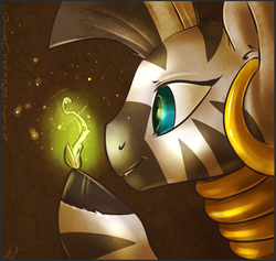 Size: 1000x946 | Tagged: safe, artist:atryl, zecora, pony, zebra, g4, 30 minute art challenge, ear piercing, earring, female, jewelry, neck rings, piercing, quadrupedal, seed, smiling, solo, sprout