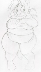 Size: 685x1187 | Tagged: safe, artist:sb, snips, anthro, g4, breasts, busty sugar, chubby, clothes, fat, female, muffin top, rule 63, sketch, solo, sugar